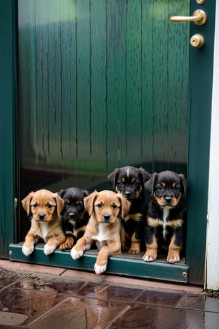 Three wet puppies sitting at the back door waiting to be let in.