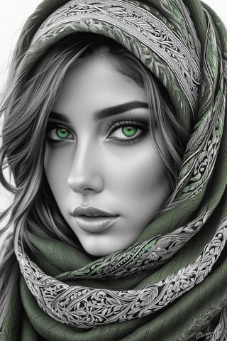 Pencil illustration, black and white, girl adorned with a scarf, her makeup enhancing her features, filigree adding elegance, (((green eyes))), octane rendering, ultra-detailed, hyper-realistic, high quality masterpiece, shadows and textures creating depth and dimension, chiaroscuro effect, intricate details captured in each strand of hair and stitch of the scarf.