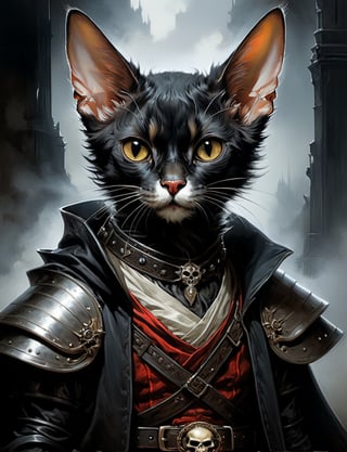 head and shoulders portrait, illustration from graphic novel, detailed shaded colored cartoon of a screaming demonic oni anthropomorphic Cornish Rex, pirate with long black hair, furry body, looking at you. Wearing chainmail on arms, metal breastplate, with a dirty black cloak. A dark striped leather belt, and dented metal helmet. Contrasting colours. Amulet of an skull. Ruined throne room in background. Mist. Grim. Dark Fantasy. Cinematic. Muted colours. Sombre. highly detailed. oil painting, thin and smooth lines, long strokes, light and delicate tones, clear contours, cinematic quality, dark background, dramatic lighting, by Jeremy Mann, Peter Elson, Alex Maleev, Ryohei Hase, Raphael Sanzio, Pino Daheny, Charlie Bowater, Albert Joseph Penot, Ray Caesar, highly detailed, hr giger, gustave dore, Stephen Gammell, masterpiece of layered portrait art, techniques used: sfumato, chiaroscuro, atmospheric perspective