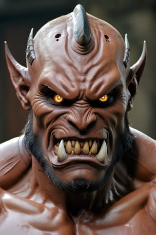 A large muscular humanoid creature with leathery skin, one regular size eye 1.5 in the middle of his forehead, one medium sized horn just above the eye on his forehead, large jagged rotten teeth.