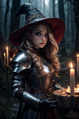 (RAW photo, best quality), Exquisite details and textures, rainy night at an eerie forest, witch ritual, candles, campfire, 1girl, beautiful witch telling campfire stories, (medieval fantasy theme:1.4), (beautiful witch with a shiny armor and fluffy adornments:1.3), extra long wavy brown hair campfire light reflection, subsurface scattering, beautiful eyes, Pale skin with tanlines, glittering makeup, ruined makeup, Enhance,Makeup,