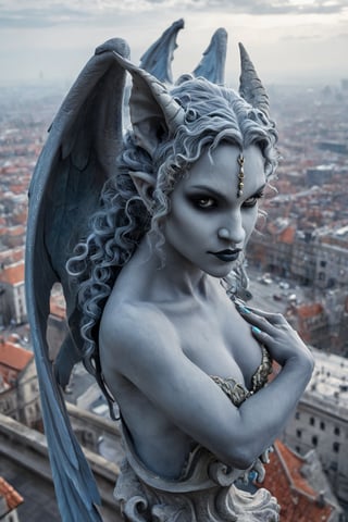 Highly detailed Captivating Gothic fantasy art masterpiece featuring an extremely beautiful gray skin female gargoyle with curly bluish hair standing high above the city leaning forward to watch the people down below. Style of artist Anne Stokes, this dramatic and beautiful portrait transcends into the realms of dark fantasy with intricate details., photo, 3d render, cinematic