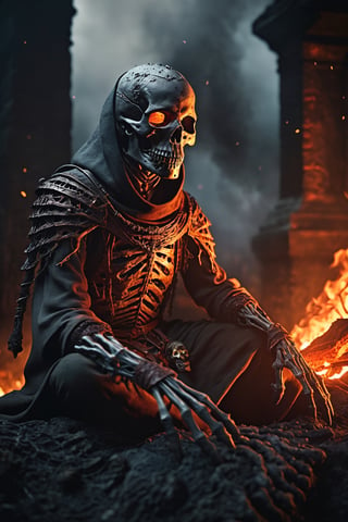 Generate hyper realistic image of a macabre scene of an undead pyromancer, wreathed in flames, casting dark fire spells amidst the skeletal remains of fallen foes. The background features a foreboding, lava-filled abyss, adding to the sinister ambiance of the Dark Souls universe. highly detailed, sharp focus.8k,photography style