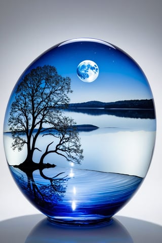 An extremely beautiful blown glass creation with an image insie of a blue moon over a beautiful lake