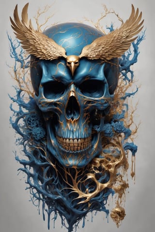 Delicately tattooed skull, beautiful Eagle crest, beautiful atmosphere with golden lines, completely transparent bones, golden blood vessels, blue luminous brain marrow.,skll