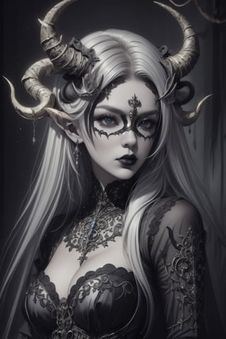 Beautiful photorealistic color image of 1girl,.albino demon little queen, (long intricate horns), a sister clad in gothic punk attire, face concealed behind a striking masquerade mask,themed,photorealistic,Masterpiece,Realistic,dark fantasy