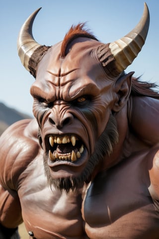 A large muscular humanoid creature with leathery skin, one regular size eye in the middle of his forehead, one medium sized horn just above the eye on his forehead, large jagged rotten teeth.