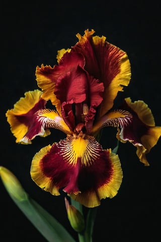 A beautiful Red with yellow center iris view from above with a black background