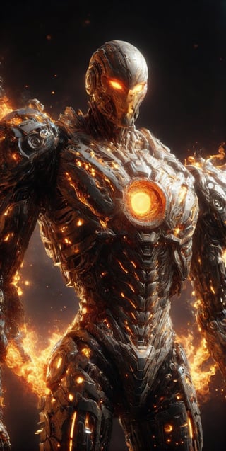 anthropomorphic creature made of fire , emanates quantities of said element,wearing  a cybernetic armor, you can see the background matches its element ,((Tall and skinny, really tall)) , full body shot, wide Angle, octane render RTX, render, realistic render, cinematic lighting, ultra-detailed, muscular body,