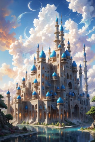 Build a mosque, Great castle, art photography, impressionism, an airbrush painting, masterpiece 8k wallpapper, visionary art style, depth of field, 64 megapixels, detailed painting, splash art, atmospheric dreamscape painting, intricate ornate anime cgi style focus, an oil painting