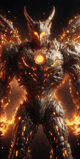 anthropomorphic creature made of fire , emanates quantities of said element,wearing  a cybernetic armor, you can see the background matches its element ,((Tall and skinny, really tall)) , full body shot, wide Angle, octane render RTX, render, realistic render, cinematic lighting, ultra-detailed, muscular body,