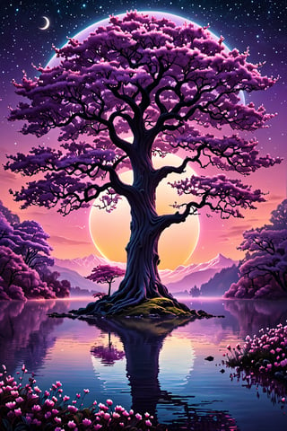 Luminous Reverie, The Purple Tree of Celestial Dawn, A finely detailed digital painting by Justin Gerard, influenced by Beeple and Jeremiah Ketner, featuring a purple tree standing majestically in the middle of a serene lake. The far-view perspective captures the celestial light of both a rising moon and a radiant sunrise, illuminating the tree and the cherry blossom forest that surrounds it. The tree itself seems to emanate a serene smile, as if in harmony with the blossoming rhythm of nature. The overall composition is awe-inspir-ingly perfect, capturing the psychedelic art influences in an extra detailed manner. Drawn with, Techniques that masterfully blend celestial and psychedelic elements to create an awesome, great composition with intricate details, set against a background of sunset and sunrise light., Mysterious, utopia, utopian