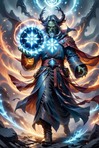 cinematic scene of a dark goblin wizard casting a spell in battle, one magic floating circular shield of white-blue translucent energy with shiny runes hovers at his side, his skin is dark gray, facial expression of a kind and good genious calculating everything while beware of danger, wearing typical colorful wizard robes, (wearing boots),  greg rutkowski, a group of menacing small red demons attack from afar, horror cave in hell, uncontrolled small fires spark red-yellow tonalities in the background, phantasmal figures insinuate suffering in the background, well-illuminated,greg rutkowski, ,GUILD WARS,glass