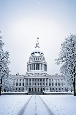 A very beautiful and peaceful photorealistic scene of a snow covered Capital Building