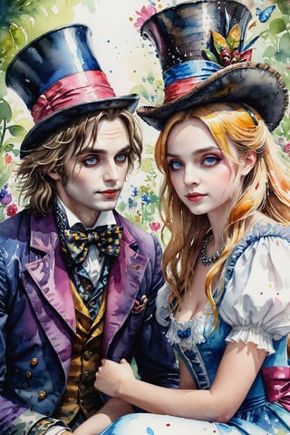 (SLG_YT prompt author) wet watercolor style, Alice in Wonderland embraces the hatter, lovers, summer tenderness, expressive, eyes, cinematic smoothness unreal engine, the smallest details, Watercolor, trending on artstation, sharp focus, studio photo, intricate details, highly detailed, by greg rutkowski