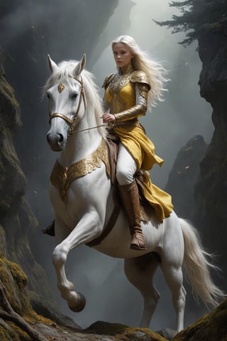 fairy tale horse rider, in the style of cinematic montages, dragon art, franciszek starowieyski, yellow and white, john howe, hyper-realistic details, himalayan art. magical, fantastical, enchanting, storybook style, highly detailed