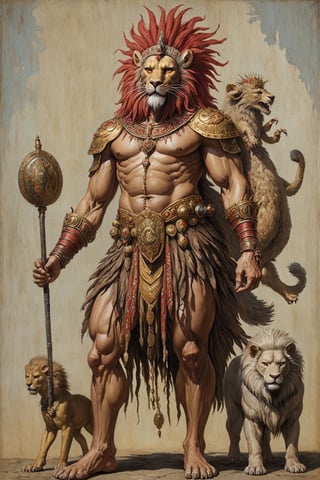 an extraordinaily tall man with teak-colored skin and three sets of arms, wearing a flowing ostrich-feather headdress, his face painted with red stripes, riding an irritated golden lion, two of the six hands holding tightly to the beast's mane