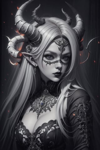 1girl,.albino demon little queen, (long intricate horns), a sister clad in gothic punk attire, face concealed behind a striking masquerade mask,themed,photorealistic,Masterpiece,Realistic,dark fantasy color image