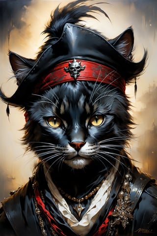 head and shoulders portrait, anthropomorphic Hybrid (panther cat) pirate animal oni, wearing pirate crew clothing, bandana , multi colored feathers, oil painting, thin and smooth lines, long strokes, light and delicate tones, clear contours, cinematic quality, dark background, dramatic lighting, by Jeremy Mann, Peter Elson, Alex Maleev, Ryohei Hase, Raphael Sanzio, Pino Daheny, Charlie Bowater, Albert Joseph Penot, Ray Caesar, highly detailed, hr giger, gustave dore, Stephen Gammell, masterpiece of layered portrait art, techniques used: sfumato, chiaroscuro, atmospheric perspective