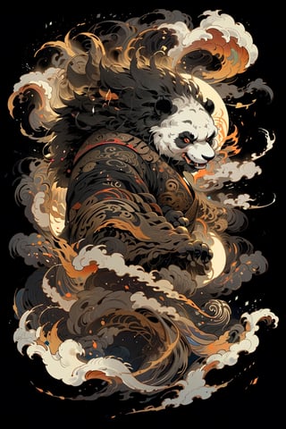 A beautifully drawn (((vintage t-shirt print))), featuring intricate ((retro-inspired typography)) encircling a (((sumi-e ink illustration))) depicting panda, integrating elements of Japanese calligraphy  with black back ground
,MeganFox