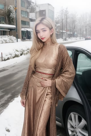 lovely  cute  young  attractive  indian  teenage  girl  in  a  pretty foreign dress,  23  years  old  ,  cute  ,  an  Instagram  model  ,  long  blonde_hair  ,  winter  ,  on the road  .  ,  „  Indian ,Jiang Shu Ying