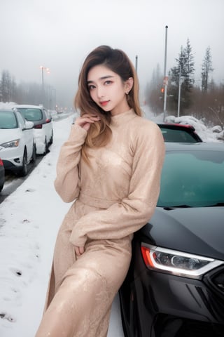 lovely  cute  young  attractive  indian  teenage  girl  in  a  pretty foreign dress,  23  years  old  ,  cute  ,  an  Instagram  model  ,  long  blonde_hair  ,  winter  ,  on the road  .  ,  „  Indian ,Jiang Shu Ying