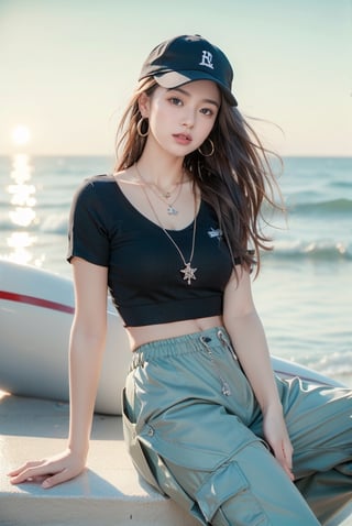 French girl,grey blonde hair(very long hair, curly_hair),long ponytail,hiphop dancer,wearing all black clothes (loose fit top and wide cargo pants),sneakers,accessories(necklace,ear_rings)baseball cap, sitting at sea bank,horizon,seaside,vivid sea color,red lighthouse,sunset,Best Quality, 32k, photorealistic, ultra-detailed, finely detailed, high resolution, perfect dynamic composition, beautiful detailed eyes, sharp-focus, cowboy_shot, nsfw,