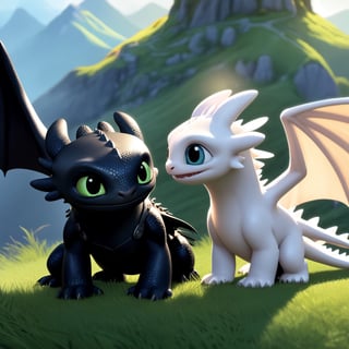 How to Train Your Dragon,small Light Fury and Night Fury play,cute,sunshine,grasslands,, dragon,mountain