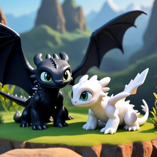 How to Train Your Dragon,small Light Fury and Night Fury play,cute,sunshine,grasslands,, dragon,mountain,3D print 2024