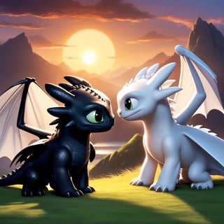 How to Train Your Dragon,small Light Fury and Night Fury in 10 % of the picture,cute,sunshine,grasslands, dragon,mountain,flying,sky