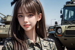 1girl, solo, long hair, looking at the viewer, teeth, smile, bangs, brown hair,  realistic, tight camouflage uniform, military uniform, military uniform, camouflage, in the army military camp, tanks, trucks, realistic, medium breasts, earrings, black eyes, lips, bow headband, lips, ribbon, realistic, parted lips, lips, ribbon, realistic,