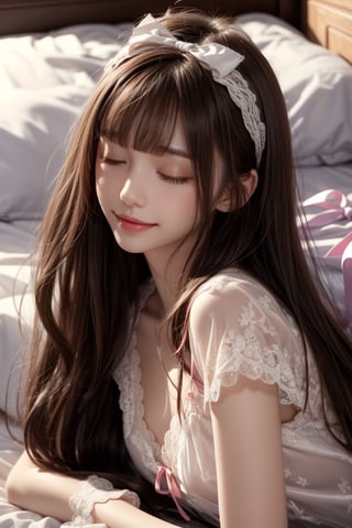 1girl, solo, long hair, smiling, bangs, brown hair, Wearing sexy transparent lace pajamas, eyes closed, sleeping, in the bedroom, lying on the bed, covered with quilt, bow, ribbon, hair ribbon,  hairband,  parted lips, lips,  bow,  realistic,