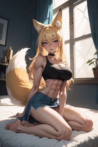 by oda non by yogisya, a very skinny girl on bedroom, sitting, blonde hair, sexy, purple eyes, fox ears, fox tails, glasses, detailed background, twilight, soft lighting, masterpiece, best quality, high quality, highres, very detailed, high resolution, sharp, sharp image, 8k, vivid, colorful, stunning, anime, aesthetic, skinny, full body, full-body_portrait, (purple eyes), big tits, big_breasts, chocker, muscles, abs, mini skirt, crop top, barefoot, 