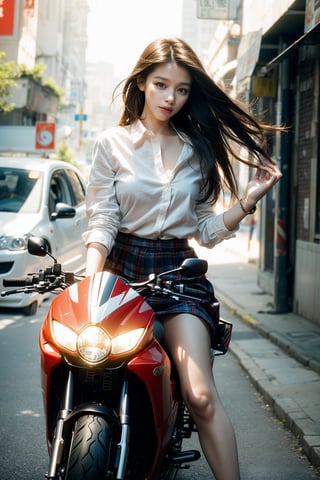 A dreamy Hong Kong street scene captures the essence of a stunning 17-year-old Chinese girl riding a sporty motorcycle. The Fujifilm XT3 camera, with its 8K UHD capabilities, captures every detail in crystal clarity. The girl's long, brown hair flows freely in the wind as she gazes directly at the viewer, her eyes sparkling with a dynamic smile. Her perfect skin and natural makeup accentuate her features, while her school uniform - partially unbuttoned shirt and plaid skirt - exudes a sense of youthful rebellion. The bright blue sky above contrasts with the urban landscape, as the girl's real hands grasp the motorcycle's handlebars with confidence. A flash of light adds warmth to the scene, subtly highlighting her detailed fingernails and long legs.