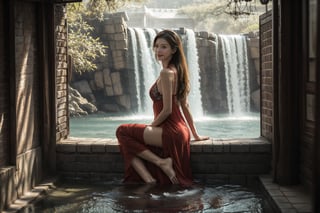 Here is a high-quality RAW prompt for you:

A stunning 26-year-old Chinese woman with a slender physique sits majestically on the steps of the Xuer Palace gate in Hong Kong, surrounded by lush greenery and the serene sounds of a waterfall. Her long, straight hair cascades down her back like a golden waterfall, adorned with a delicate hair ornament. Her piercing brown eyes sparkle with a sly smile as she gazes directly at the camera.

Her petite frame is draped in a flowing dudou, showcasing her small but perfect breasts and subtle areola. The nipples are exposed, glistening wet from the gentle mist of the waterfall. Her long legs stretch out before her, spread wide apart to reveal a tantalizing glimpse of her pubic area, with a hint of dark brown hair peeking through.

Her skin is flawless, with a delicate sheen that catches the dramatic light filtering through the ancient Chinese garden's foliage. Her eyes are lined with icy eyeshadow, and her full lips curve upwards in a seductive smile. A sprinkle of long eyelashes frames her dreamy gaze.

In the background, the misty waterfall cascades down the rocky slope, creating a breathtaking backdrop for this sultry solo shot. The camera captures every intricate detail, from the perfect hands to the detailed fingernails, as our beauty poses confidently in the water's edge, her long hair dripping with dew.