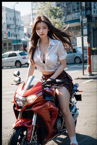 Captivating portrait of a stunning 17-year-old Chinese girl riding a sporty motorcycle on a sunny day in Hong Kong. Her long brown hair blows freely in the wind as she looks directly at the viewer with a radiant smile and sparkling brown eyes. Her school uniform is slightly disheveled, revealing a hint of cleavage beneath her unbuttoned shirt. Her toned legs and perfect hands are visible beneath her plaid skirt and socks. The camera captures the texture of her skin and the detail of her fingernails in 8K UHD. A warm flash adds depth to the scene, with a subtle film grain giving the image a vintage feel. Shot on Fujifilm XT3.