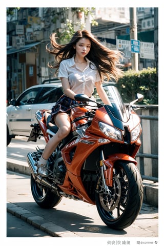 A stunning 8K UHD photograph of a 17-year-old Chinese girl riding a sporty motorcycle on a Hong Kong street. The camera captures her full-body portrait with hair blowing in the wind, revealing perfect legs and long brown hair flowing behind her. Her natural skin glows under the warm sunlight, accentuating her clear complexion.

Her eyes sparkle with a dynamic expression, and her smile plays on her lips as she gazes directly at the viewer. The school uniform's shirt is partially unbuttoned, showcasing her breasts, while her shoulders remain exposed. A plaid skirt flows behind her, flapping in the wind.

The surrounding environment features a blue sky with fluffy clouds, a road, and a motor vehicle zooming by in the distance. The overall composition is dynamic, emphasizing the girl's sense of freedom and adventure as she takes control of the motorcycle.