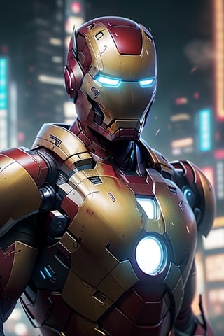 Iron man in a cybernetic suit., cinematic, 4k, epic Steven Spielberg movie still, sharp focus, emitting diodes, smoke, artillery, sparks, racks, system unit, motherboard, by pascal blanche rutkowski repin artstation hyperrealism painting concept art of detailed character design matte painting, 4 k resolution blade runner,full_body