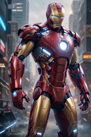 Iron man in a cybernetic suit., cinematic, 4k, epic Steven Spielberg movie still, sharp focus, emitting diodes, smoke, artillery, sparks, racks, system unit, motherboard, by pascal blanche rutkowski repin artstation hyperrealism painting concept art of detailed character design matte painting, 4 k resolution blade runner