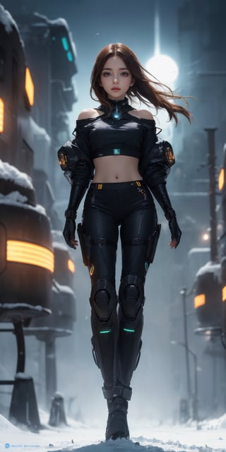 Special operation agent, futuristic tactical black suite, extra detailed, detailed anatomy, detailed face, detailed eyes,8k, RAW Photo, Best Quality, Masterpiece,Realism, extra detailed,detailed anatomy, detailed face, detailed eyes, 1 girl, short brown hair, Glare Eyes, Cute Face., stunning anime face portrait, beautiful seductive anime girl,beautiful anime portrait, beautiful anime girl,beautiful off futuristic, brown eyes, off shoulder, crop top, sexy, (((night))), (((background strong wind blizzard futuristic sci-fi outpost))),looking at viewer,(full Body:1.),photo of perfecteyes eyes,Portrait