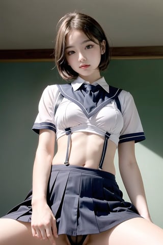 1 young girl, super beautiful and detailed face, pretty short hair, staring at me, original photo, (best quality: 1.2), mastepiece, 16 K, high details, high resolution, highest quality, HD original color photo, professional Photography, movie lighting, (exquisite face: 1.2), (open-chested high school uniform: 1.7), (exposed beautiful breasts), no underwear, miniskirt, classroom, (spread legs), ((background blur))) ), depth of field, (viewed from below: 1.2),taaarannn