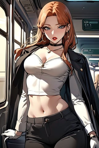 (masterpiece, best quality:1.3), (detailed manga illustration:1.2), dynamic cinematic view, chiaroscuro, 1girl, solo, long hair, breasts, looking at viewer, shirt, gloves, long sleeves, navel, cleavage, jewelry, medium breasts, standing, jacket, orange hair, cowboy shot, earrings, parted lips, open clothes, choker, midriff, pants, indoors, necklace, arm up, open jacket, lips, black jacket, crop top, grey eyes, black pants, white shirt, hoop earrings, jacket on shoulders, red lips, train interior,Reality Quest style, green eyes,more detail XL