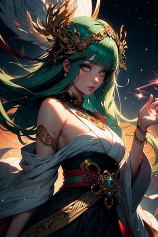 In the luminous aura of an ancient Japanese celestial court, a captivating enchantress graces the scene. With her ethereal green hair cascading down, white eyes gleaming, and adorned in resplendent armor and a stylish black dress, she embodies a fusion of earthly allure and mythical grace. Her glowing eyes and glowing mask add an air of mystery to her regal presence.

Unbeknownst to her, the divine guardian Bai Ze, a mythical creature in Japanese folklore renowned for its wisdom and insights, watches over the enchantress. With an elegant mask of its own and a celestial glow, Bai Ze observes the enchantress with approval, recognizing the harmonious blend of mortal beauty and celestial splendor. The luxurious prombit unfolds as the enchantress and Bai Ze share a moment of cosmic elegance within the celestial realms of Japanese mythology.