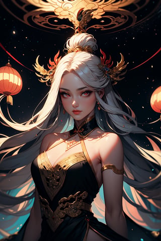 In the luminous aura of an ancient Chinese celestial court, a captivating enchantress graces the scene. With her ethereal white hair cascading down, red eyes gleaming, and adorned in resplendent armor and a stylish black dress, she embodies a fusion of earthly allure and mythical grace. Her glowing eyes and glowing mask add an air of mystery to her regal presence.

Unbeknownst to her, the divine guardian Bai Ze, a mythical creature in Chinese folklore renowned for its wisdom and insights, watches over the enchantress. With an elegant mask of its own and a celestial glow, Bai Ze observes the enchantress with approval, recognizing the harmonious blend of mortal beauty and celestial splendor. The luxurious prombit unfolds as the enchantress and Bai Ze share a moment of cosmic elegance within the celestial realms of Chinese mythology.