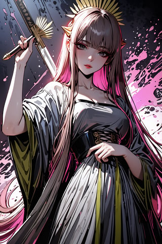 ((masterpiece, best quality, highres, amazing quality, very aesthetic, absurdres, 8k)), muelsyse (arknights),1girl, black pink long hair, black eyes ,solo,hanfu,chinese grey clothes,splatter background, holding sword , niji6,more detail XL,sakimichan style,niji6,<lora:659095807385103906:1.0>
