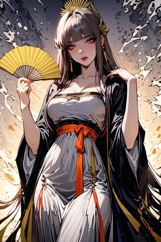 ((masterpiece, best quality, highres, amazing quality, very aesthetic, absurdres, 8k)), muelsyse (arknights),1girl, black long hair, grey eyes ,solo,hanfu,chinese grey clothes,splatter background, holding fan, niji6,more detail XL,sakimichan style,niji6,<lora:659095807385103906:1.0>