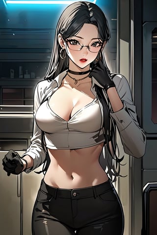 (masterpiece, best quality:1.3), (detailed manga illustration:1.2), dynamic cinematic view, chiaroscuro, 1girl, solo, long hair, breasts, looking at viewer, shirt, gloves, long sleeves, navel, cleavage, jewelry, medium breasts, standing, black hair, cowboy shot, earrings,open clothes, choker, midriff, pants, indoors, necklace, lips, crop top, black pants, white shirt, hoop earrings, red lips, bayoneta glasses,Reality Quest style, black eyes,more detail XL, 