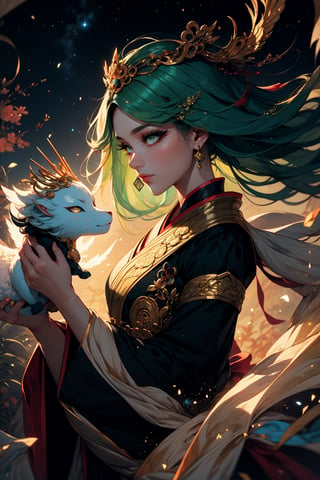 In the luminous aura of an ancient Japanese celestial court, a captivating enchantress graces the scene. With her ethereal green hair cascading down, white eyes gleaming, and adorned in resplendent armor and a stylish black dress, she embodies a fusion of earthly allure and mythical grace. Her glowing eyes and glowing mask add an air of mystery to her regal presence.

Unbeknownst to her, the divine guardian Bai Ze, a mythical creature in Japanese folklore renowned for its wisdom and insights, watches over the enchantress. With an elegant mask of its own and a celestial glow, Bai Ze observes the enchantress with approval, recognizing the harmonious blend of mortal beauty and celestial splendor. The luxurious prombit unfolds as the enchantress and Bai Ze share a moment of cosmic elegance within the celestial realms of Japanese mythology.