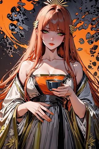 ((masterpiece, best quality, highres, amazing quality, very aesthetic, absurdres, 8k)), muelsyse (arknights),1girl, orange long hair, green eyes ,solo,hanfu,chinese grey clothes,splatter background, holding fancy tea cup, niji6,more detail XL,sakimichan style,niji6,<lora:659095807385103906:1.0>