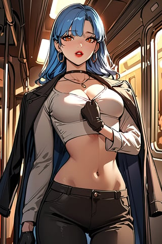 (masterpiece, best quality:1.3), (detailed manga illustration:1.2), dynamic cinematic view, chiaroscuro, 1girl, solo, long hair, breasts, looking at viewer, shirt, gloves, long sleeves, navel, cleavage, jewelry, medium breasts, standing, jacket, blue hair with bangs, cowboy shot, earrings, parted lips, open clothes, choker, midriff, pants, indoors, necklace, arm up, lips, crop top, black pants, white shirt, hoop earrings, jacket on shoulders, red lips, train interior,Reality Quest style, orange eyes,more detail XL, 